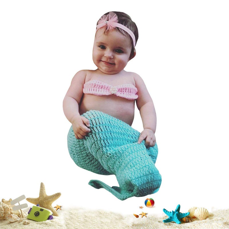 SUNBABY Newborn Photography Props Baby Knitting Wool Material Photography Costume Cute Animal Style Baby Crochet Clothes (Light Green Mermaid) - Image 2